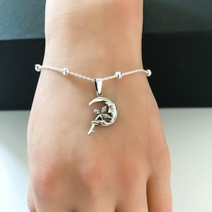 Fairy Moon Bracelet, Sterling Silver Beaded Bracelet, Fairy Crescent Moon Charm Bracelet, Stackable Bracelet, Everyday Wear, Casual Bracelet