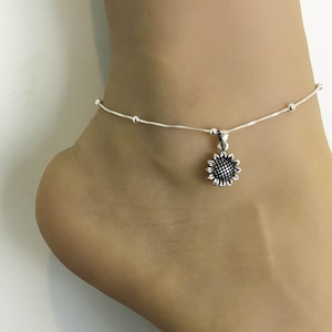 Sunflower Anklet, Sterling Silver Beaded Ankle Bracelet, Good Luck Charm Jewelry, Boho Foot Jewelry, Sunflower Charm Anklet Chain