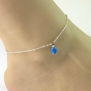 Blue Opal Anklet, Sterling Silver Beaded Ankle Bracelet, Good Luck Charm Jewelry, Blue Fire Opal Charm Anklet, Beach Wedding Anklet Chain