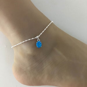 Blue Opal Anklet, Sterling Silver Beaded Ankle Bracelet, Good Luck Charm Jewelry, Blue Fire Opal Charm Anklet, Beach Wedding Anklet Chain