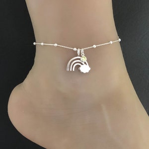 Rainbow Cloud Anklet, Sterling Silver Beaded Ankle Bracelet, Good Luck Charm Jewelry, Rainbow Cloud Charm Anklet, Birthstone Ankle Chain