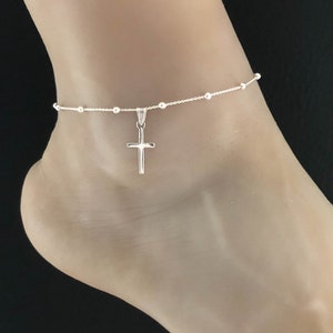 Classic Cross Anklet, Sterling Silver Beaded Ankle Bracelet, Good Luck Charm Jewelry, Cross Charm Anklet, Cross Jewelry, Beach Wedding