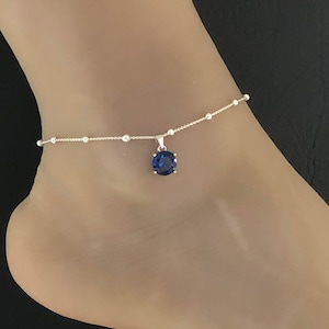 Blauer Saphir Fußkettchen, Sterling Silber Perlen Fußkettchen, Saphir Charm Fußkettchen, Strand Hochzeit Fußkettchen, Barfuß Schmuck, Brautjungfer Geschenk