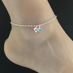 Paw Print Anklet, Sterling Silver Beaded Ankle Bracelet, Good Luck Charm Jewelry, Cat Paw Anklet, Dog Paw Anklet, Birthstone Ankle Chain
