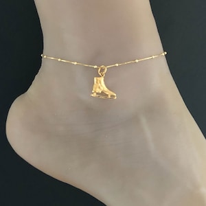 Gold Ice Skate Anklet, Gold Plated over Sterling Silver Beaded Ankle Bracelet, Good Luck Charm Jewelry, Ice Skate Charm, Beach Ankle Chain