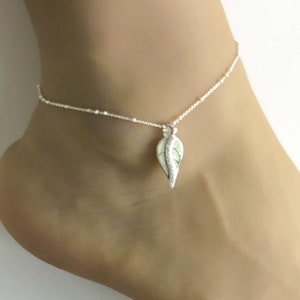 White Opal Leaf Anklet, Sterling Silver Beaded Ankle Bracelet, CZ Anklet Silver Charm, Fire Opal Charm Anklet, Beach Wedding Leaf Jewelry