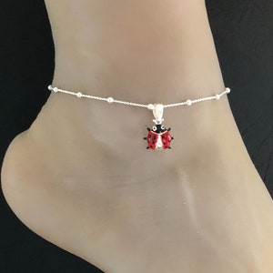 Red & Black Ladybug Anklet, Sterling Silver Beaded Ankle Bracelet, Good Luck Charm Jewelry, Ladybug Charm Anklet, Barefoot Beach Anklet