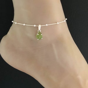 Genuine Raw Peridot Anklet, Sterling Silver Beaded Ankle Bracelet, Peridot Charm, Beach Wedding, August Birthstone Jewelry, Natural Gemstone