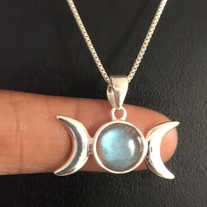 Triple Moon Labradorite Necklace, Genuine Labradorite Pendant, Sterling Silver Crescent Moon Pendant, Natural Gemstone, Healing Gemstone