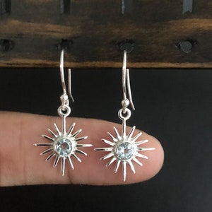 Blue Topaz Sunshine Earrings, Genuine Blue Topaz Sun Earrings, Sterling Silver Dangle Earrings, December Birthstone Jewelry, Wedding Jewelry