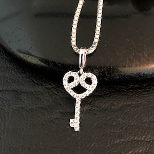 CZ Key Necklace, Sterling Silver Clear CZ Key Necklace, Elegant Heart Key Necklace, Key Charm Pendant, Bridesmaid Gift, Wedding Gift