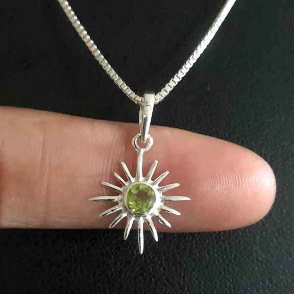 Natural Peridot Sunshine Pendant, Dainty Peridot Sunshine Necklace, Sterling Silver Sun Necklace, August Birthstone Jewel, Natural Gemstone