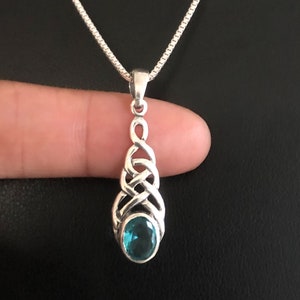 Blue Topaz Trinity Necklace, Sterling Silver Triquetra Pendant, December Birthstone Jewelry, Celtic Trinity Knot, Irish Jewelry