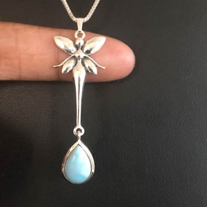 Genuine Larimar Dragonfly Necklace, Sterling Silver Dragonfly Larimar Pendant, March Birthstone Jewelry, April Birthstone, Natural Gemstone
