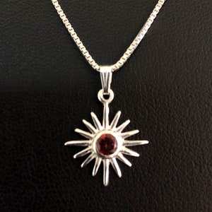 Natural Garnet Sunshine Pendant, Dainty Garnet Sunshine Necklace, Sterling Silver Sun Necklace, January Birthstone, Natural Gemstone Jewelry