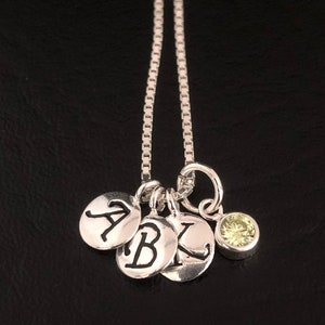 Family Birthstone Necklace, Sterling Silver Birthstone Pendant, Initial Necklace, Three Initials Charm Pendant, Dainty Personalized Necklace