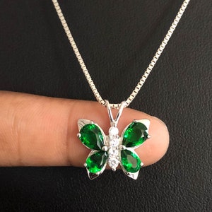 Dainty Emerald Butterfly Necklace, Sterling Silver Butterfly Pendant, May Birthstone Jewelry, CZ Emerald Necklace, Butterfly Charm Pendant
