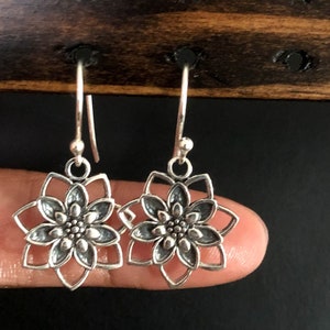 Lotus Flower Dangle Earrings, Sterling Silver Lotus Earrings, Bridal Wedding Earrings, Flower Earrings, Gift For Her, Everyday Earrings