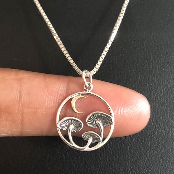 Pilz Halskette, Sterling Silber Pilz Anhänger, zweifarbiger Halbmond Anhänger, himmlische Halskette, Pilz Charm Schmuck