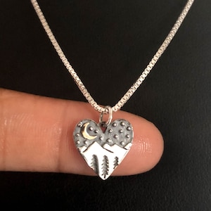 Mountain Range Necklace, Sterling Silver Mountain Pendant, Moon Pendant, Bronze Moon Charm, Heart Celestial Necklace, Adventure Jewelry