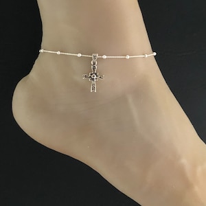 Marcasite Cross Anklet, Sterling Silver Beaded Ankle Bracelet, Good Luck Charm Jewelry, Marcasite Charm Anklet, Cross Jewelry, Anklet Chain
