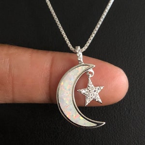 Moon Star Necklace, Sterling Silver Moon & Star Pendant, White Opal Necklace, Crescent Star Necklace, Celestial Necklace, Opal Charm Pendant