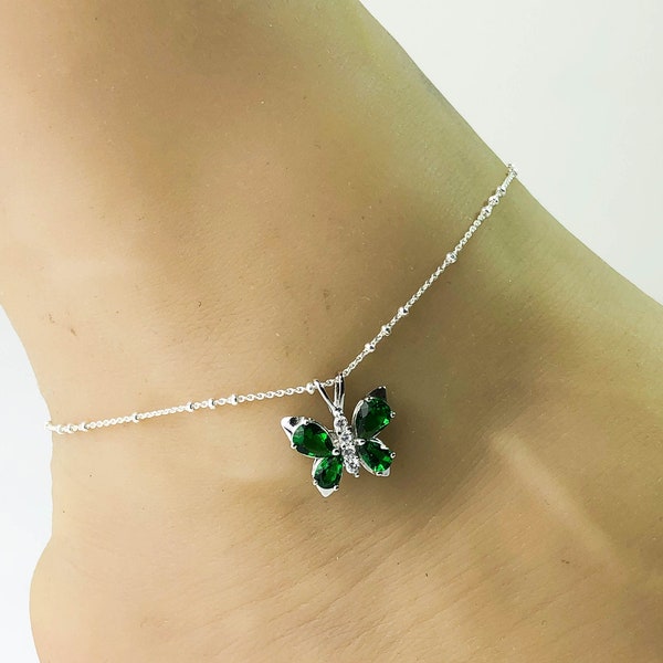 Emerald Butterfly Anklet, Sterling Silver Beaded Ankle Bracelet, Good Luck Charm, Butterfly Charm Anklet, CZ Jewelry, Butterfly Anklet Chain