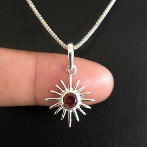 Natural Garnet Sunshine Pendant, Dainty Garnet Sunshine Necklace, Sterling Silver Sun Necklace, January Birthstone, Natural Gemstone Jewelry