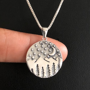 Mountain Range Necklace, Sterling Silver Mountain Pendant, Moon Pendant, Crescent Moon Charm, Heart Celestial Necklace, Adventure Jewelry