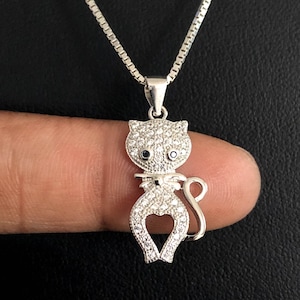 Cat Necklace, Sterling Silver CZ Cat Necklace, Cat Charm Pendant, Kitty Necklace, Cat Lady Gift, Cat Lover Jewelry, Cat Gift For Daughter