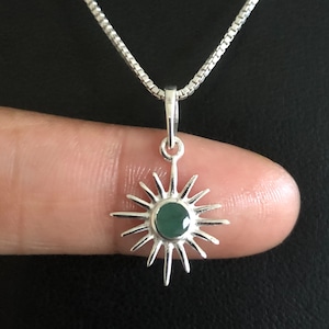 Natural Emerald Sunshine Pendant, Dainty Emerald Sunshine Necklace, Sterling Silver Sun Necklace, May Birthstone, Natural Gemstone Jewelry