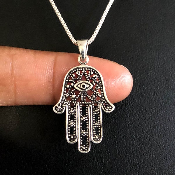 Hamsa Necklace, Sterling Silver Hamsa Pendant, Evil Eye Charm Pendant, Evil Eye Jewelry, Protection Necklace, Hand of Fatima Necklace