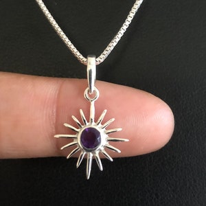 Natural Amethyst Sunshine Pendant, Dainty Amethyst Sunshine Necklace, Sterling Silver Sun Necklace, February Birthstone, Natural Gemstone