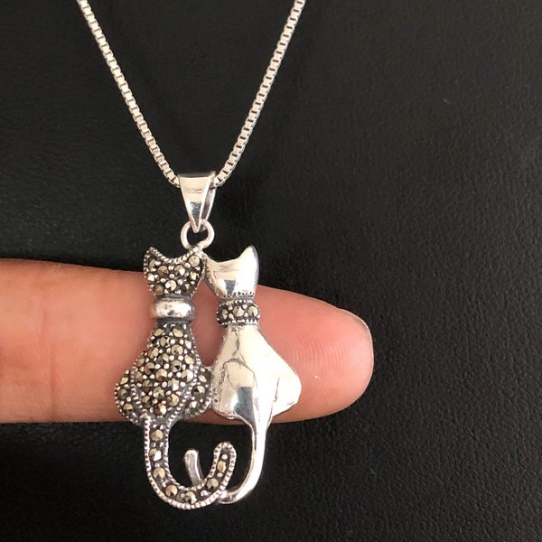 Marcasite Cat Necklace, Sterling Silver Marcasite Cat Pendant, Cat Charm Pendant, Cat Lady Gift, Cat Lover Jewelry, Cat Gift For Her