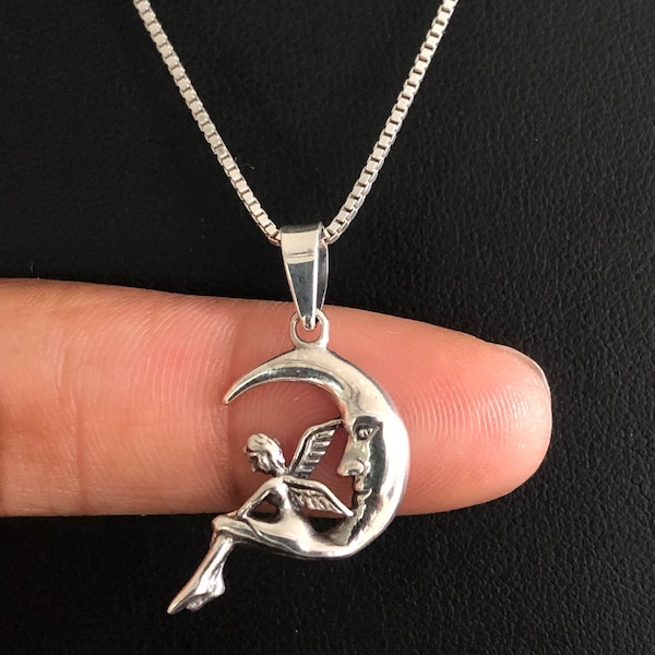 Fairy Moon Necklace, Sterling Silver Fairy Moon Pendant, Fairy Crescent Moon Jewelry, Celestial Charm, Magical Jewelry, Fantasy Necklace