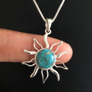 Genuine Turquoise Sun Pendant, Sterling Silver Sunshine Necklace, December Birthstone, Turquoise Celtic Necklace, Natural Gemstone Necklace