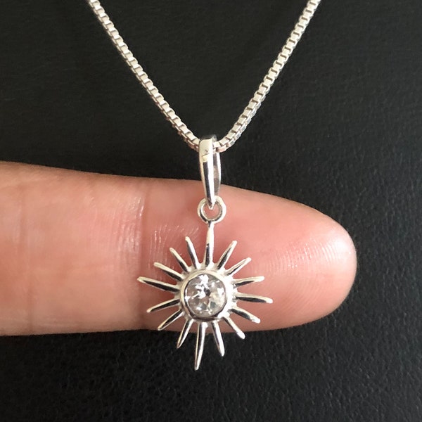 Natural White Topaz Sunshine Pendant, Dainty White Topaz Sunshine Necklace, Sterling Silver Sun Necklace, April Birthstone, Natural Gemstone