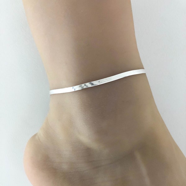 Herringbone Anklet, Sterling Silver Snake Chain Ankle Bracelet, Snake Chain Anklet, Smooth Herringbone Ankle Chain, Minimalist Anklet