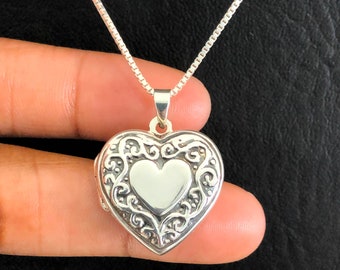 Victorian Heart Locket Necklace, Sterling Silver Locket Pendant, Heart Locket Necklace, Photo Locket Jewelry, Anniversary Gift for Her