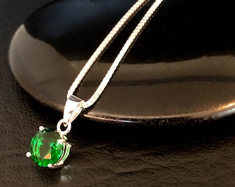 Sterling Silver Emerald Necklace, Emerald Cubic Zirconia Pendant Necklace, May Birthstone, Green Stone Pendant, Simple Green Necklace