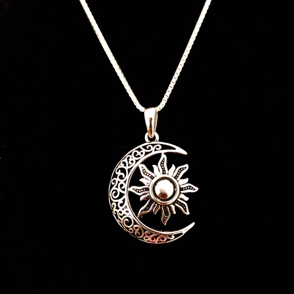 Celtic Necklace, Sterling Silver Celtic Necklace, Crescent Necklace, Moon Charm Pendant,  Sun Charm Pendant, Celtic Moon and Sun Necklace