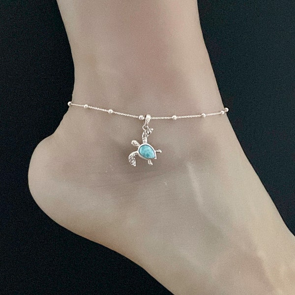 Natural Larimar Turtle Anklet, Sterling Silver Beaded Ankle Bracelet, Larimar Turtle Charm, Beach Wedding Jewelry, Nautical Turtle Jewelry