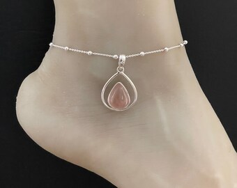 Tobillera genuina de cuarzo rosa, pulsera de tobillo con cuentas de plata de ley, encanto de cuarzo rosa áspero, tobillera de boda en la playa, piedra de nacimiento de enero