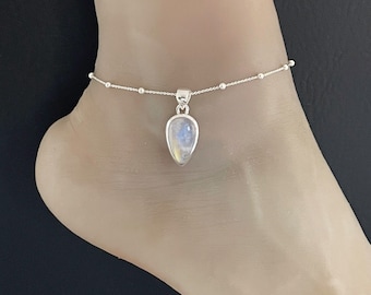 Echte Maansteen enkelbandje, Sterling zilveren kralen enkelbandje, Maansteen charme, strand bruiloft enkelbandje, juni Birthstone, natuurlijke edelsteen