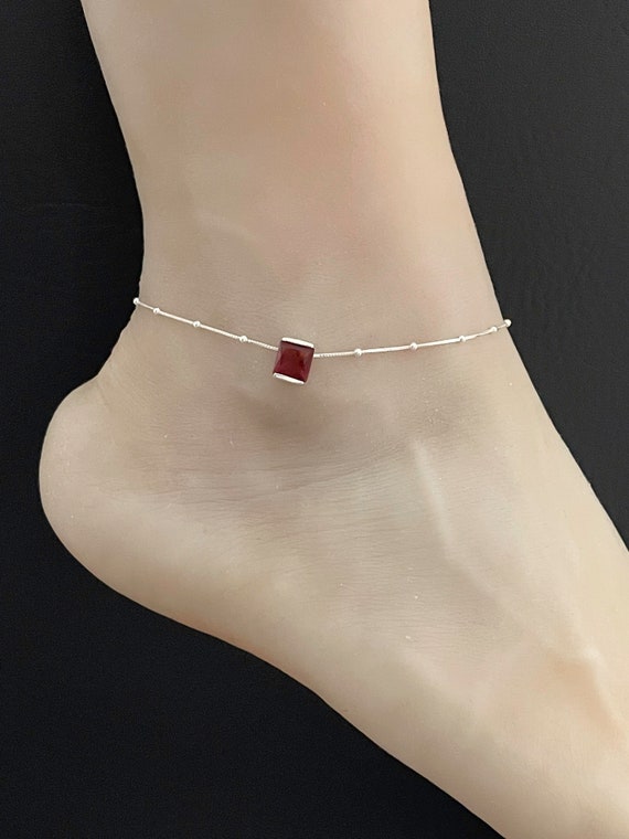 Garnet Anklet Sterling Silver Beaded Ankle Bracelet Good Luck