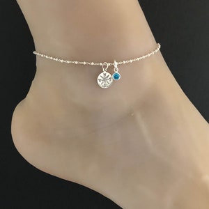 Compass Anklet, Sterling Silver Beaded Ankle Bracelet, Good Luck Charm Jewelry, Compass Charm Anklet, Family Birthstone Ankle Chain