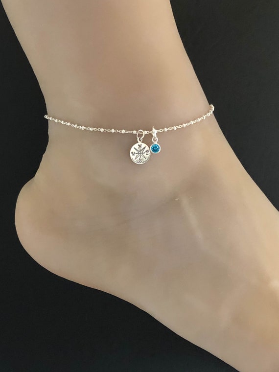Sterling Silver Blue Beaded Anklet with Compass Charm Sterling Silver Blue Beaded Anklet with Compass Charm