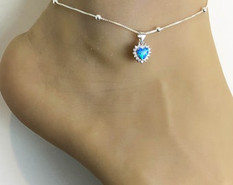Blue Opal Anklet, Sterling Silver Beaded Ankle Bracelet, Good Luck Charm Jewelry, Fire Opal Charm Anklet, CZ Beach Wedding Anklet Chain