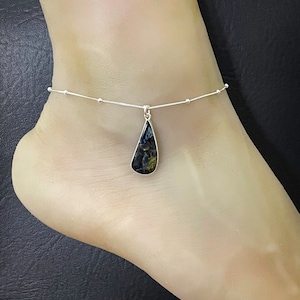 Natural Pietersite Anklet, Sterling Silver Beaded Ankle Bracelet, Pietersite Storm Charm, Beach Wedding Anklet, July Birthstone Jewelry