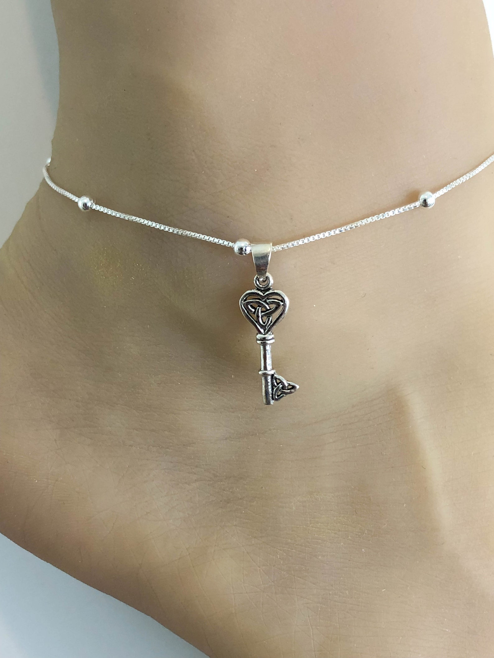 Small Key Anklet Sterling Silver Beaded Ankle Bracelet Good Etsy